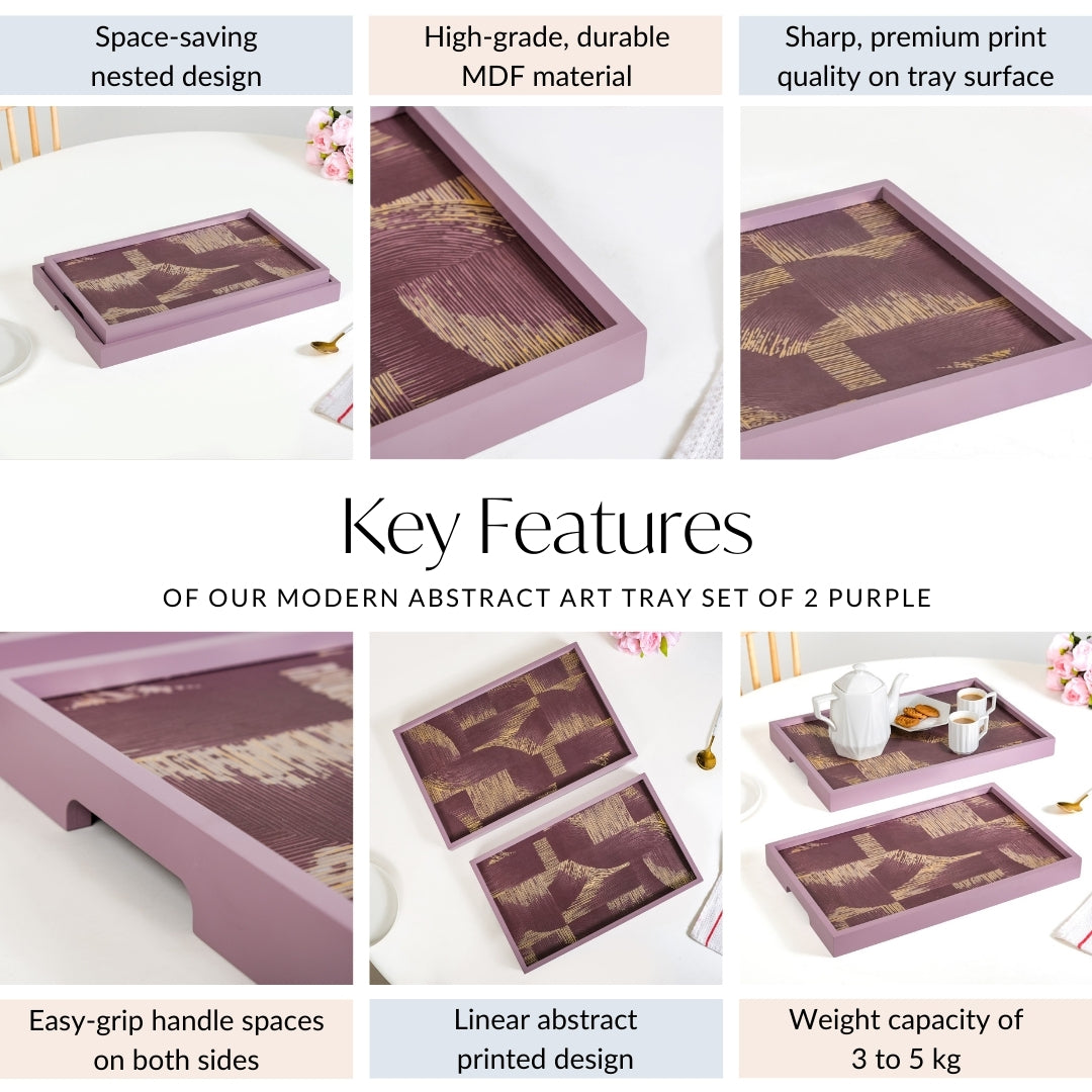 Modern Abstract Art Tray Set Of 2 Purple Matte Gold Nestasia