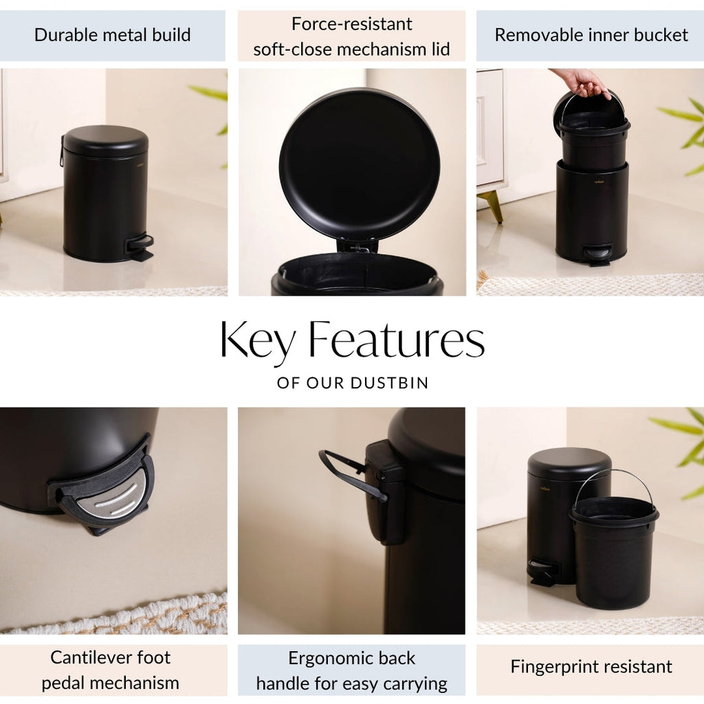 Clean Curve Metal Dustbin With Removable Bucket Black 5000ml Nestasia