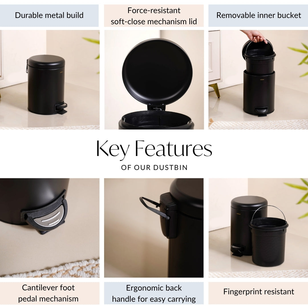 Clean Curve Metal Dustbin With Removable Bucket Black 5000ml Nestasia