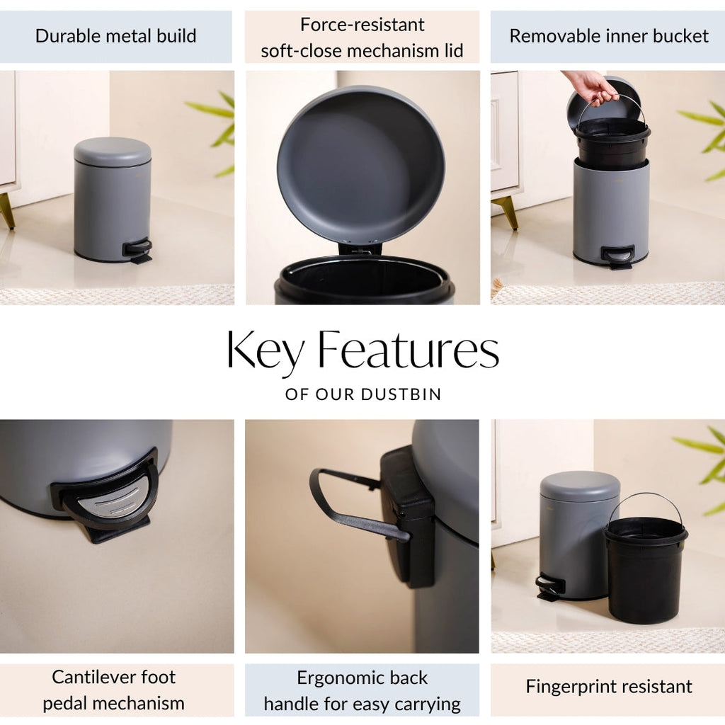 Clean Curve Metal Dustbin With Removable Bucket Grey 5000ml Nestasia