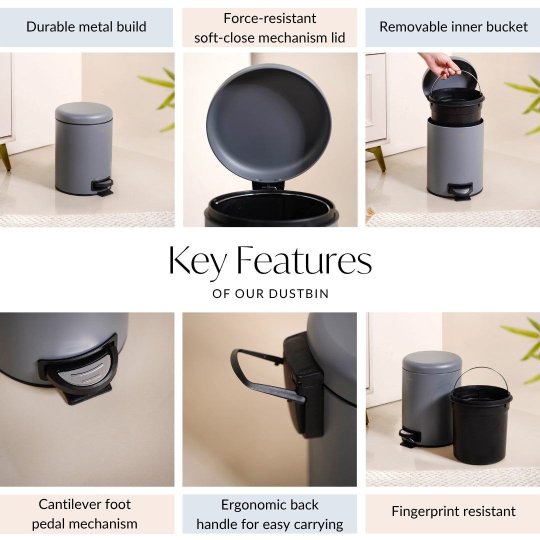 Clean Curve Metal Dustbin With Removable Bucket Grey 5000ml Nestasia