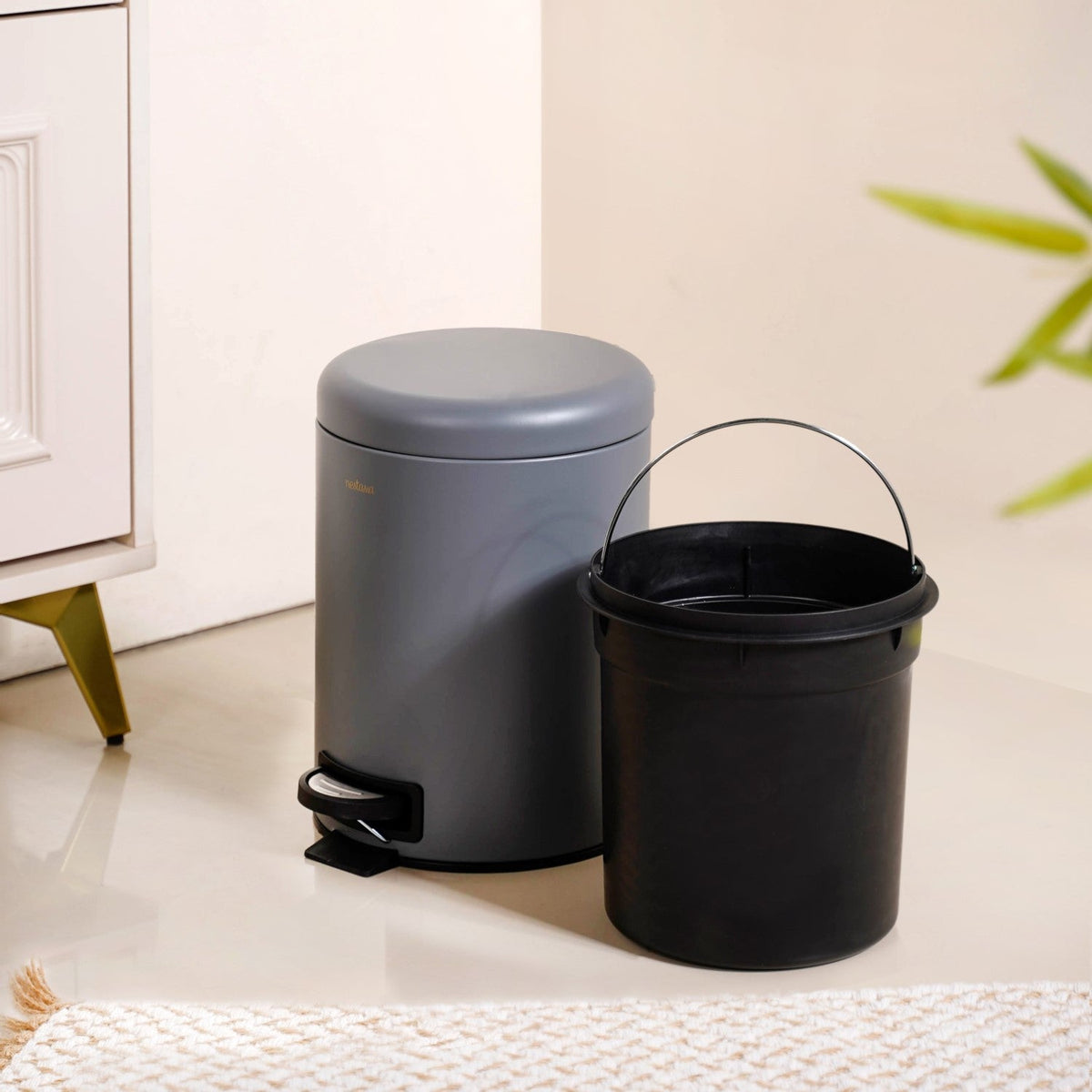 Clean Curve Metal Dustbin With Removable Bucket Grey 5000ml Nestasia