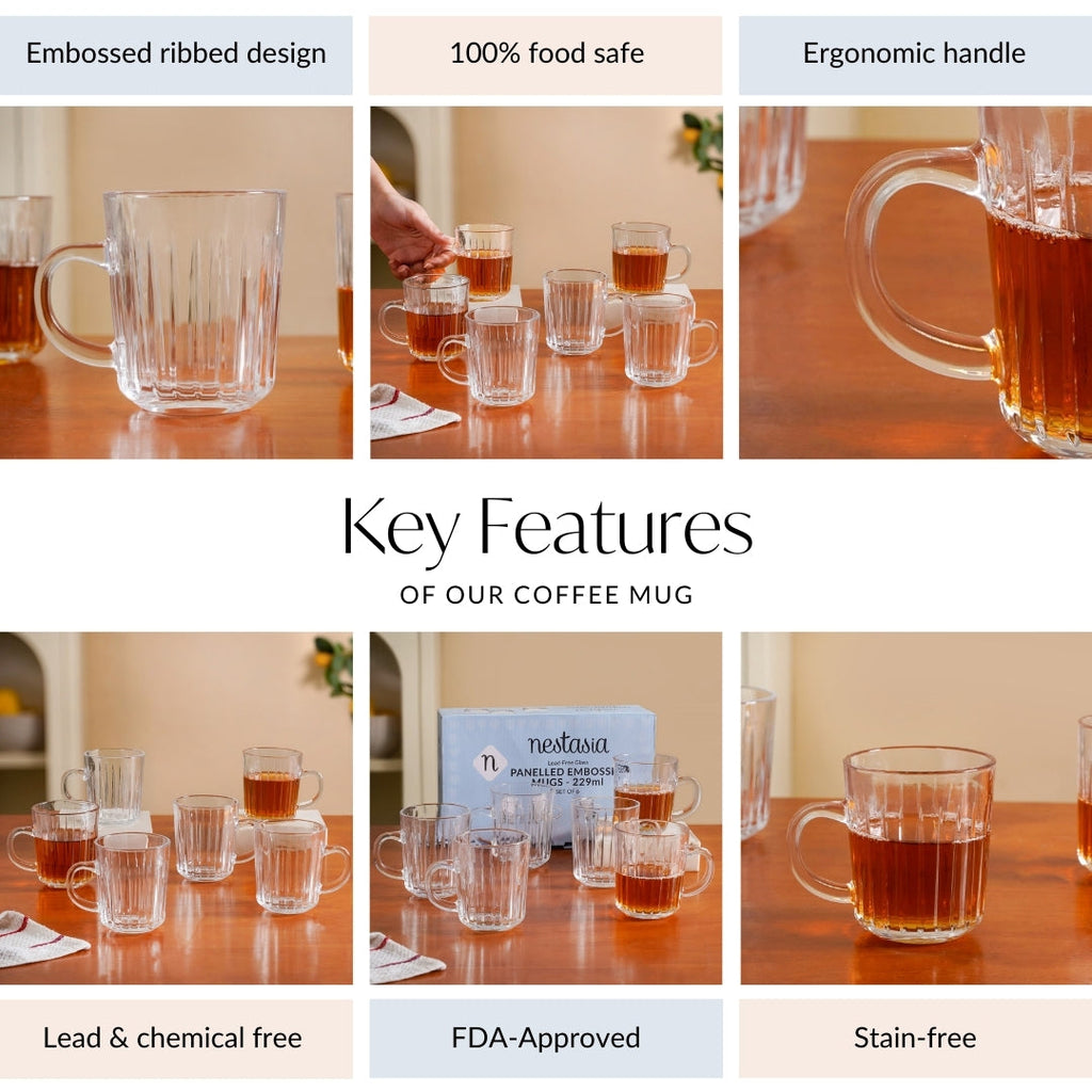 Modern Ribbed Embossed Mugs Set Of 6 229ml Nestasia