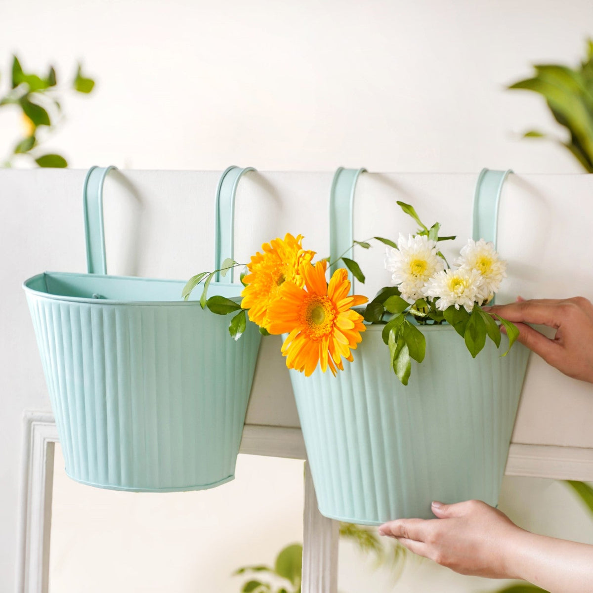 Modern Ribbed Balcony Hanging Planter Set Of 2 Mint Nestasia
