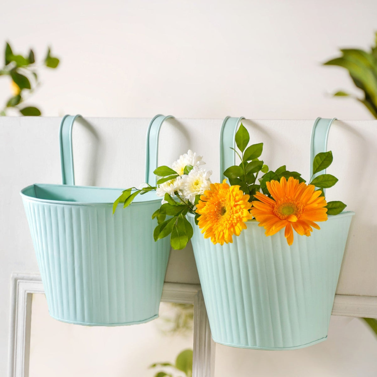 Modern Ribbed Balcony Hanging Planter Set Of 2 Mint Nestasia