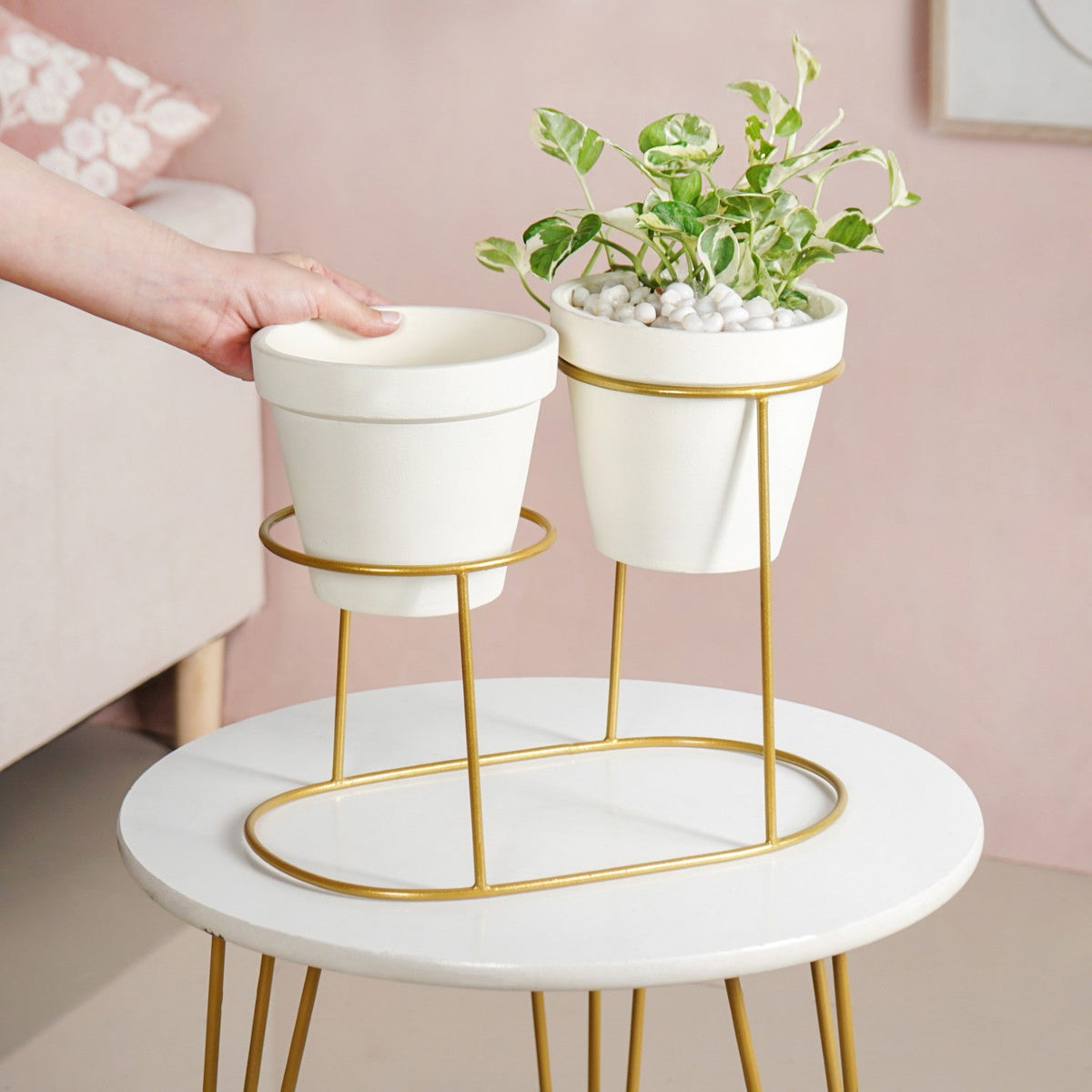 TerraDuo Modern Two Tier Gold Stand With White Planters Nestasia