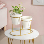 TerraDuo Modern Two Tier Gold Stand With White Planters Nestasia
