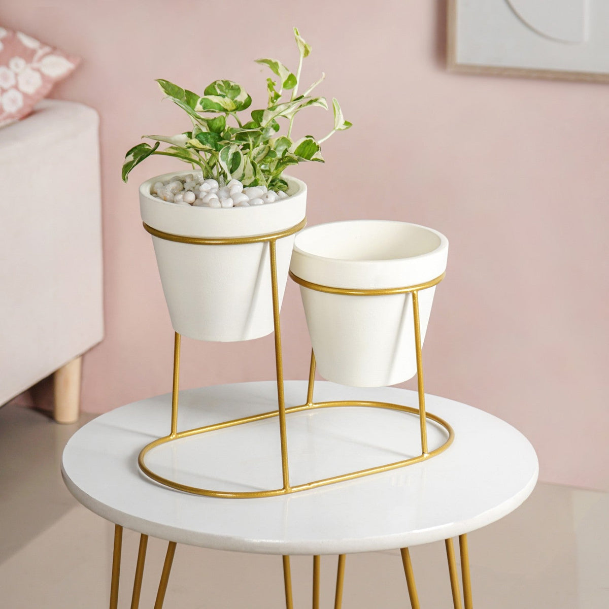 TerraDuo Modern Two Tier Gold Stand With White Planters Nestasia