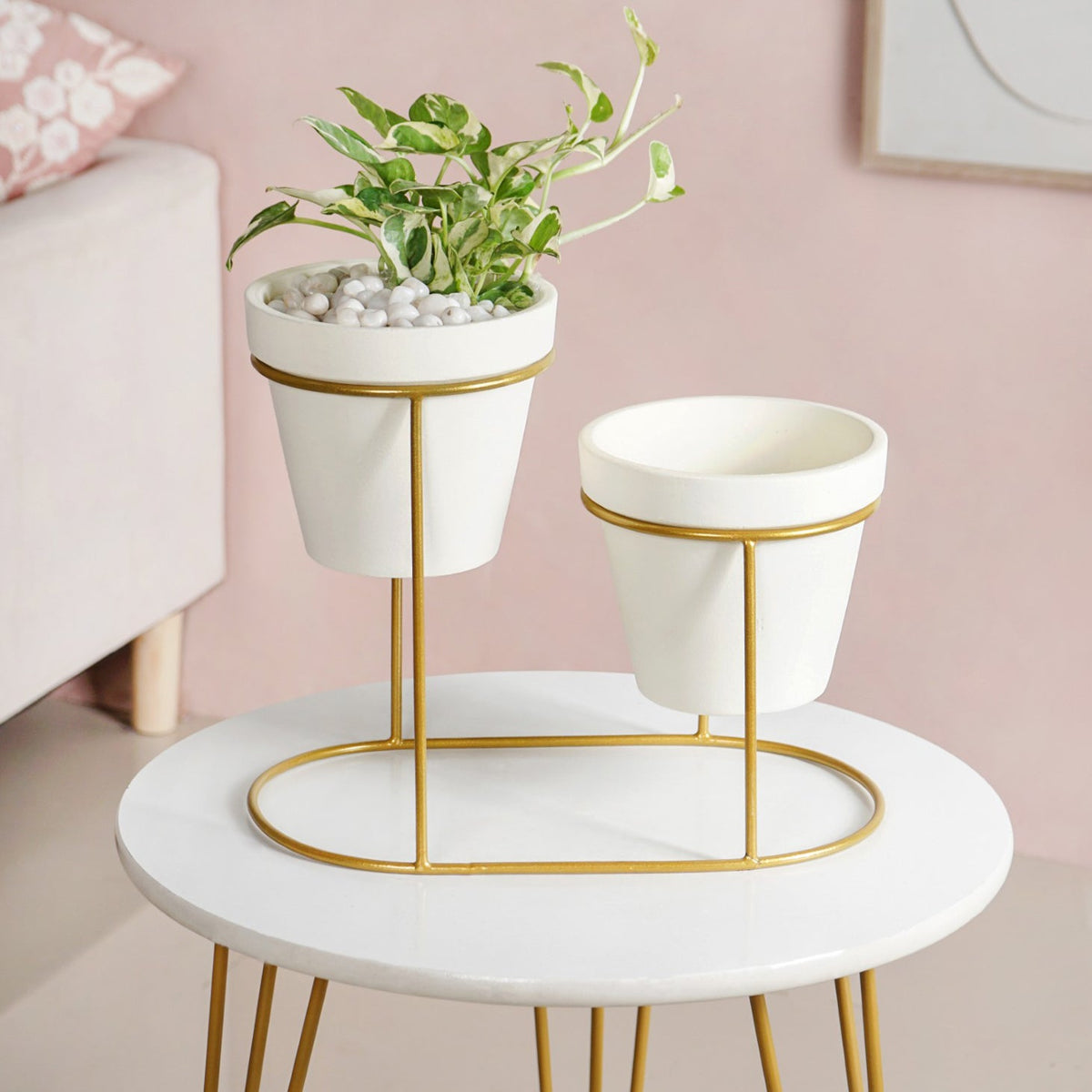 TerraDuo Modern Two Tier Gold Stand With White Planters Nestasia