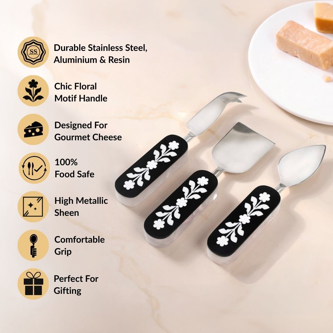 Monochrome Floral Gourmet Cheese Knife Set Of 3 Nestasia
