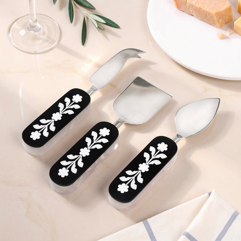Monochrome Floral Gourmet Cheese Knife Set Of 3 Nestasia