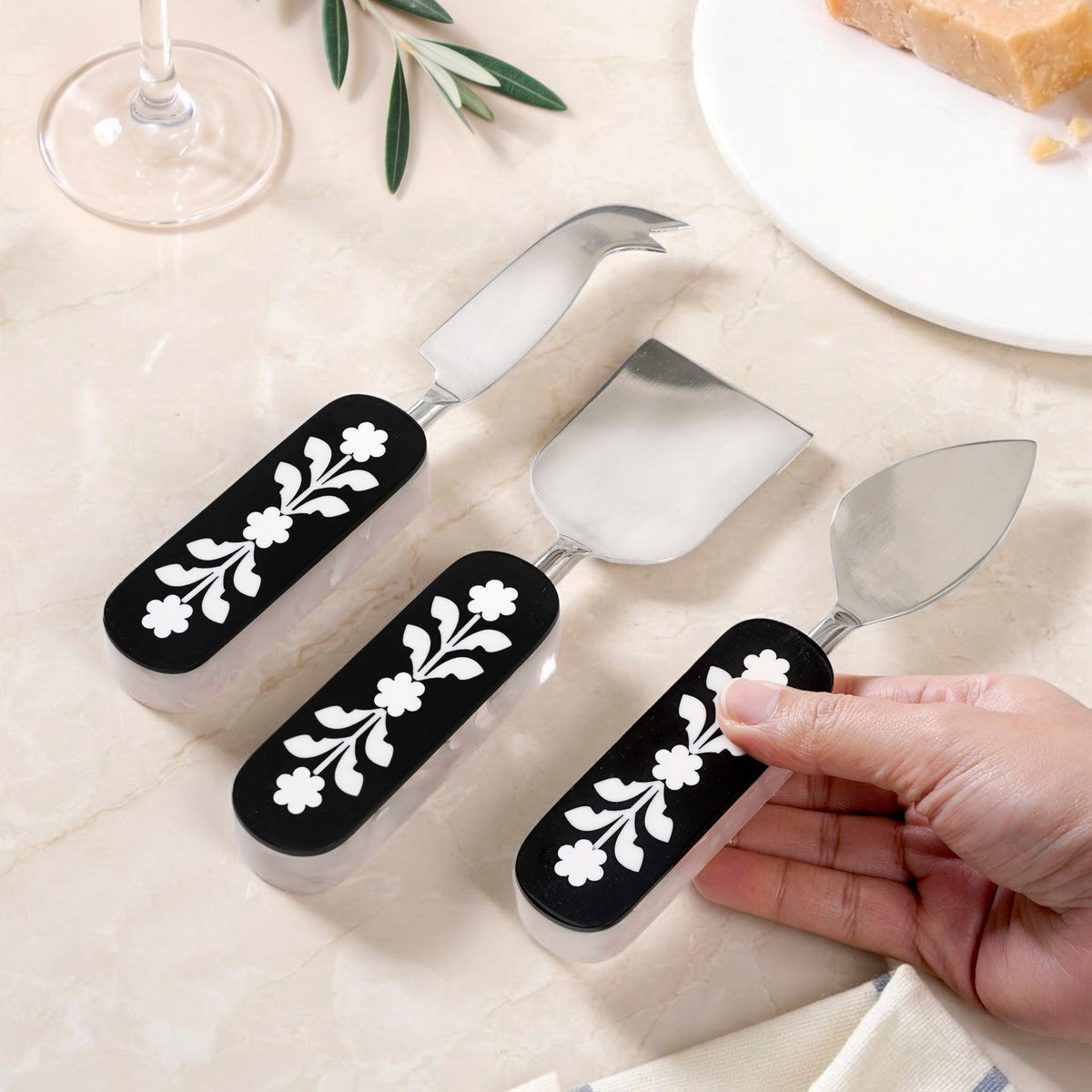 Monochrome Floral Gourmet Cheese Knife Set Of 3 Nestasia