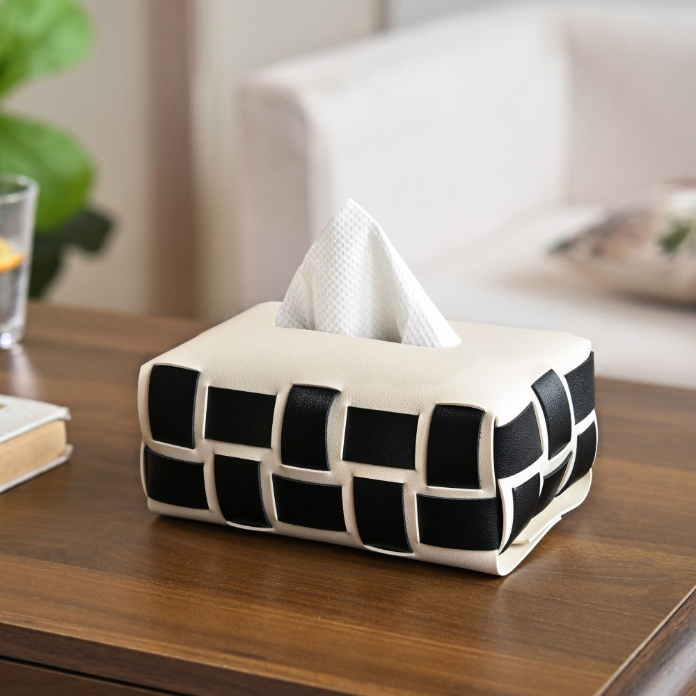 Monochrome Vegan Leather Tissue Box White And Black Nestasia