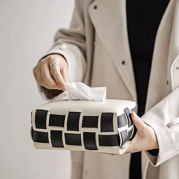 Monochrome Vegan Leather Tissue Box White And Black Nestasia