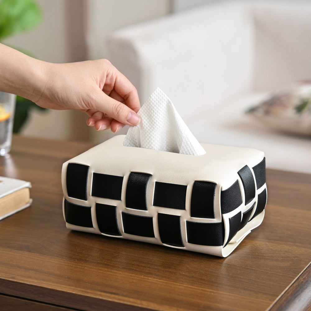 Monochrome Vegan Leather Tissue Box White And Black Nestasia