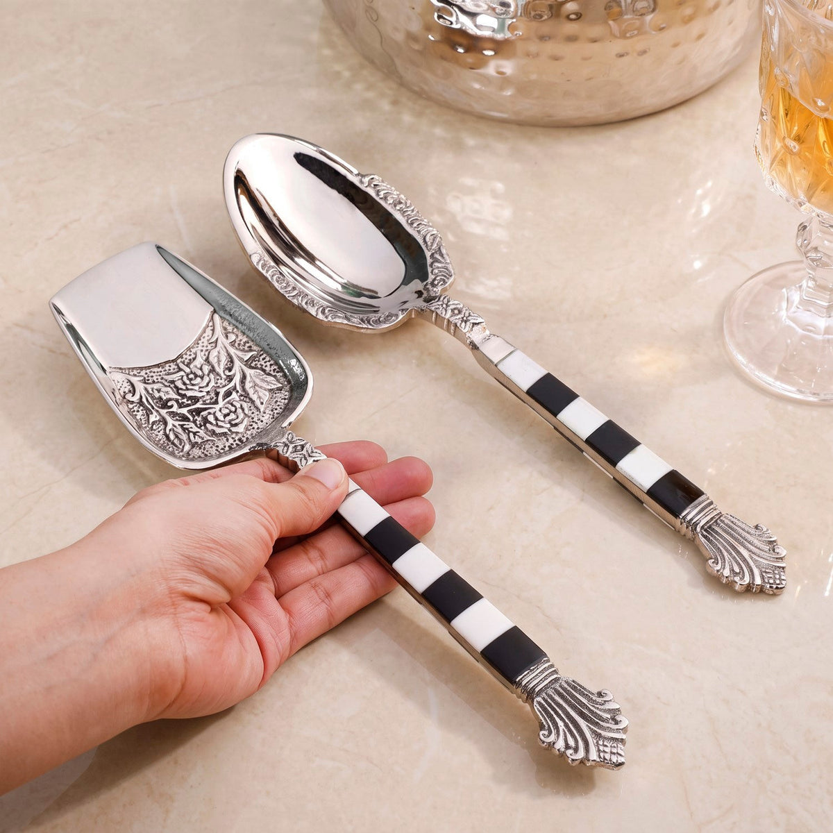 Black And White French Vintage Brass Serving Spoon Set Of 2 Nestasia