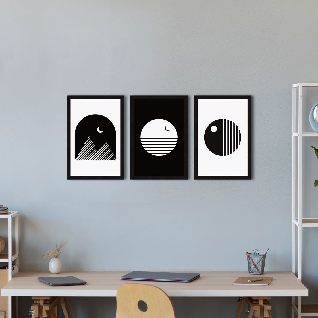 Abstract Art Paintings, Black and White Painting For Wall Living Room, Set of 3 AXIII-32-MOD ArtX