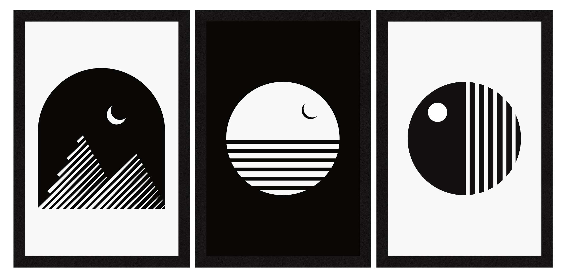 Abstract Art Paintings, Black and White Painting For Wall Living Room, Set of 3 AXIII-32-MOD ArtX