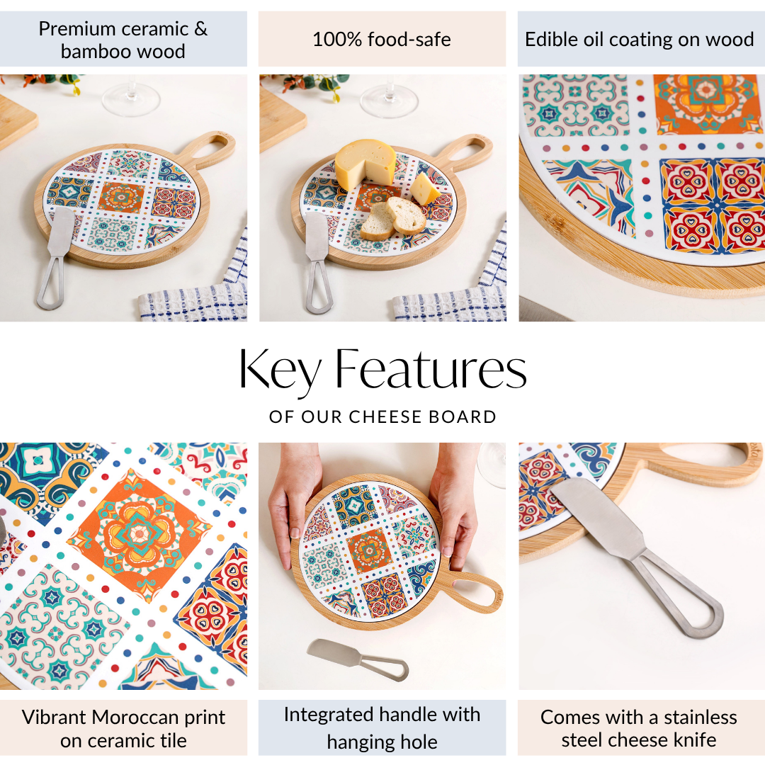 Round Moroccan Tile Pattern Cheeseboard With Knife 20cm Nestasia
