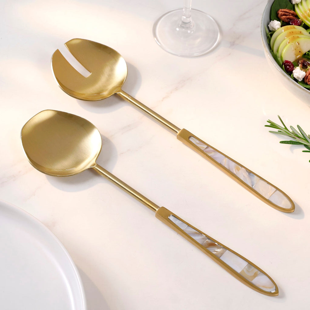 Mother Of Pearl Minimal Matte Gold Serving Set Of 2 Nestasia