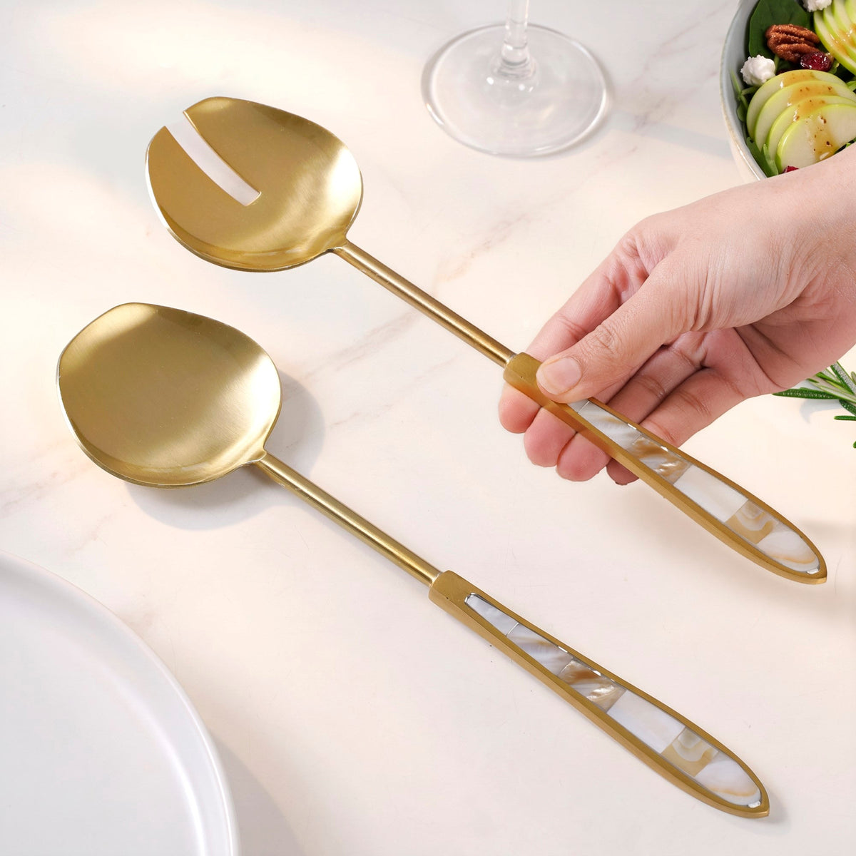 Mother Of Pearl Minimal Matte Gold Serving Set Of 2 Nestasia