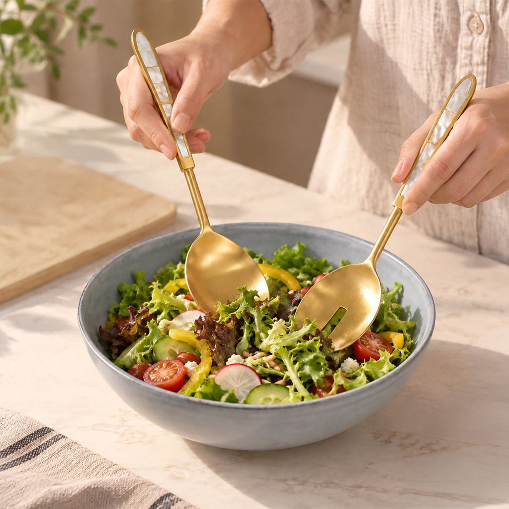 Mother Of Pearl Minimal Matte Gold Serving Set Of 2 Nestasia