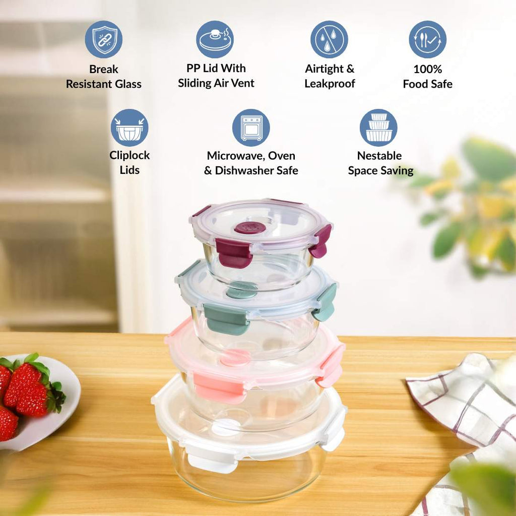Kaleido Round Stackable Food Containers With Air Vents Set Of 4 390ml 630ml 960ml 1400ml Nestasia