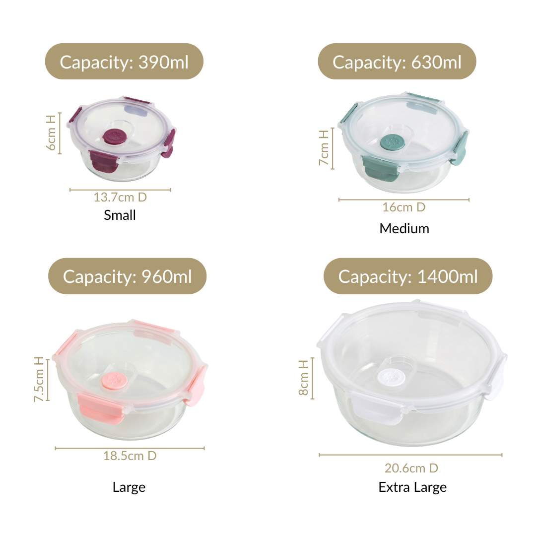 Kaleido Round Stackable Food Containers With Air Vents Set Of 4 390ml 630ml 960ml 1400ml Nestasia