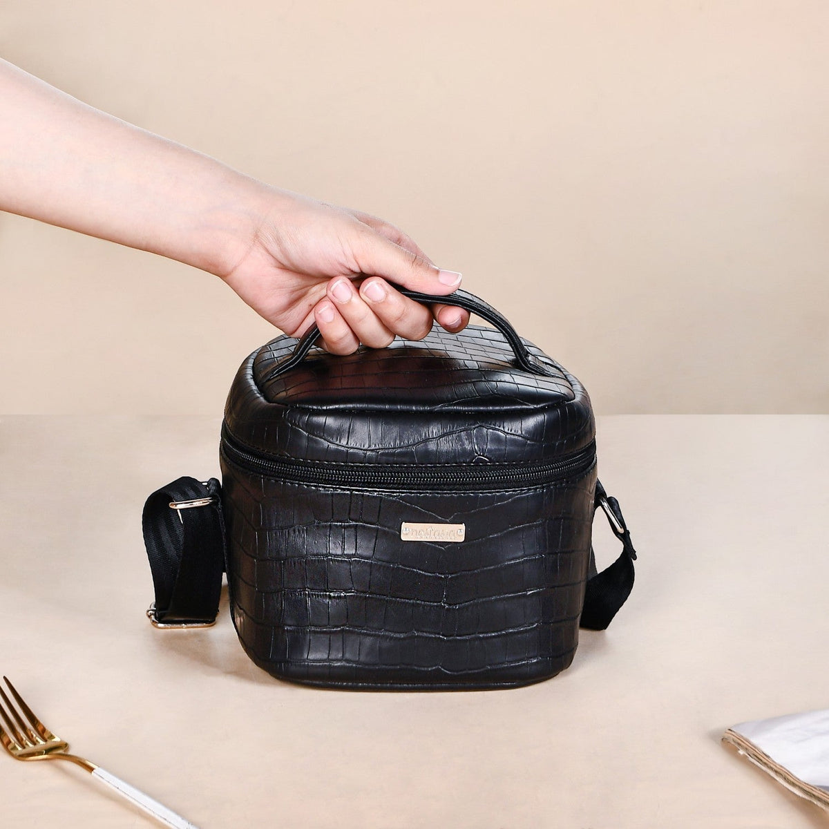 Black PU Leather Lunch Bag Set Nestasia