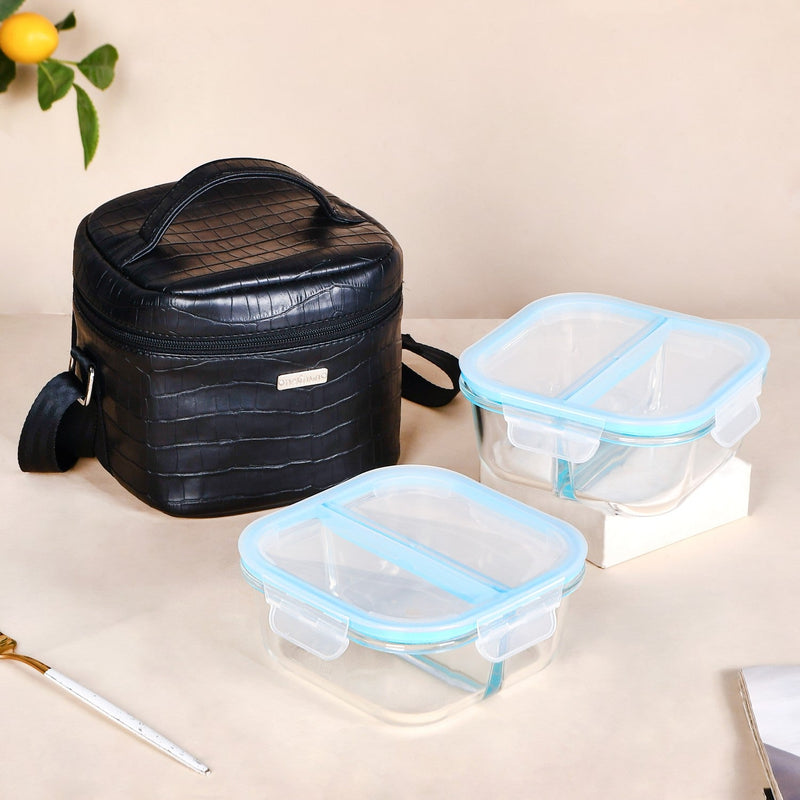 Black PU Leather Lunch Bag Set Nestasia