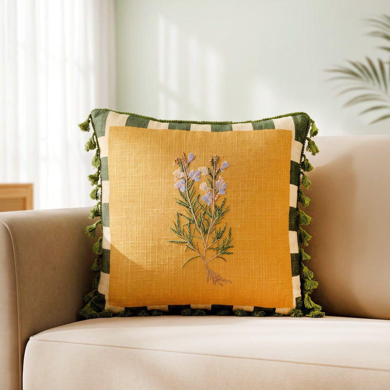 Mustard Meadow Embroidered Cotton Cushion Cover 40x40cm Nestasia