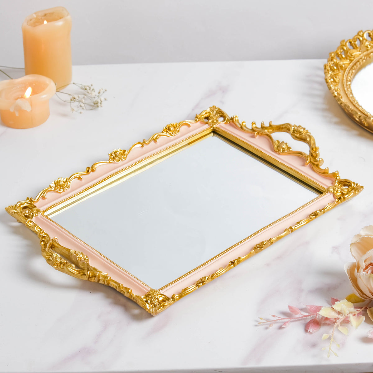 Theia Glam Square Gold Tray With Handles Nestasia