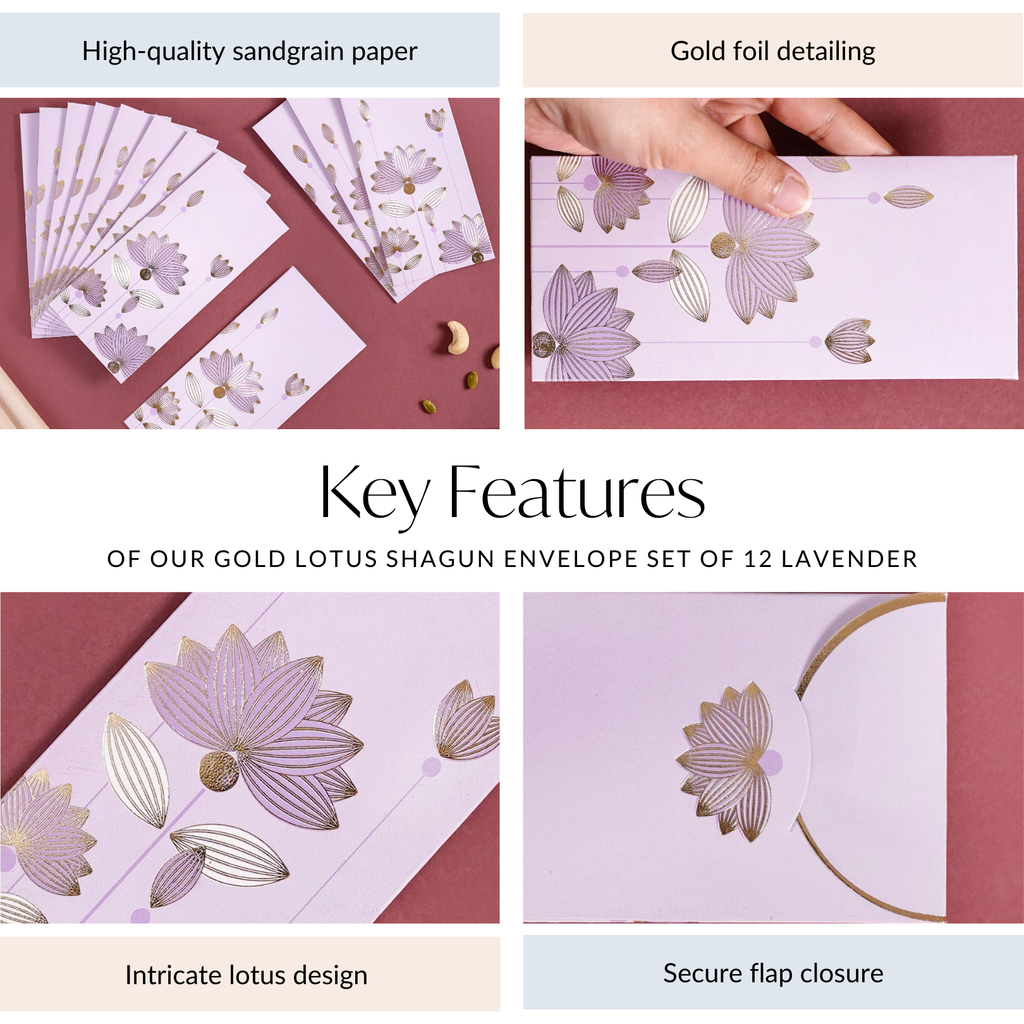 Gold Lotus Gift Envelope For Cash Set Of 12 Lavender Nestasia