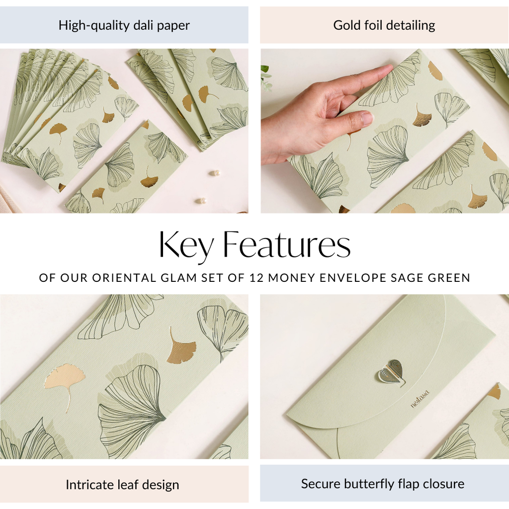 Oriental Glam Designer Set Of 12 Money Envelope Sage Green Nestasia