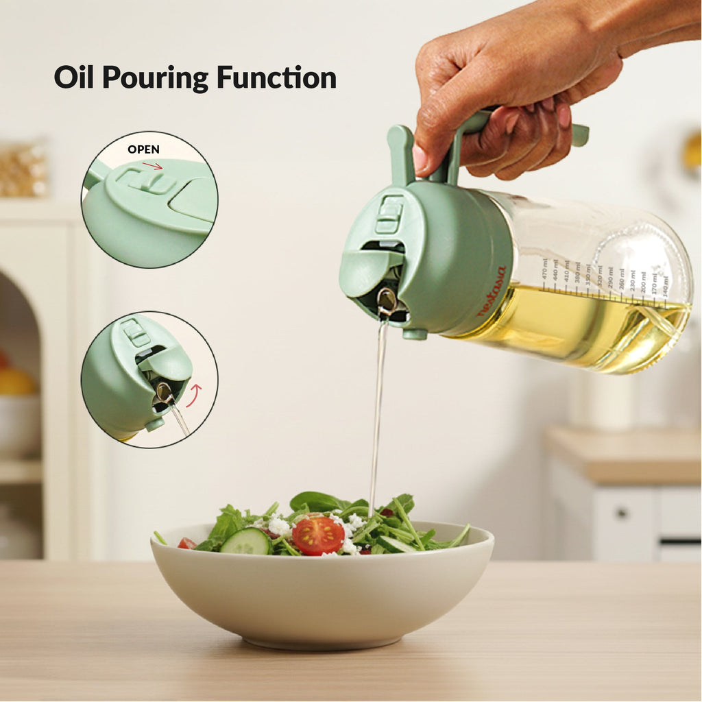 Spray And Pour Oil Dispenser Bottle Green 470ml With Spoon Nestasia