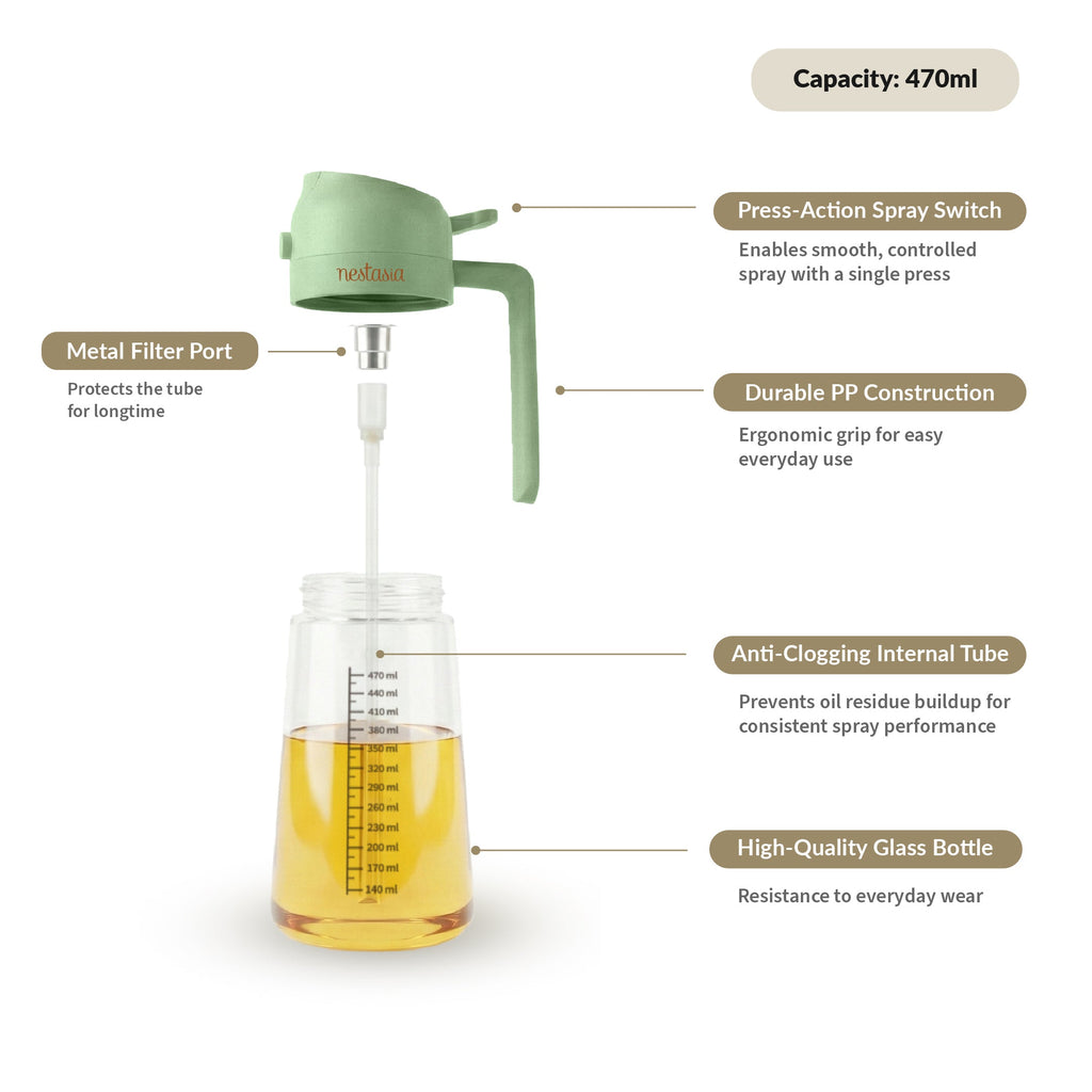 Spray And Pour Oil Dispenser Bottle Green 470ml With Spoon Nestasia