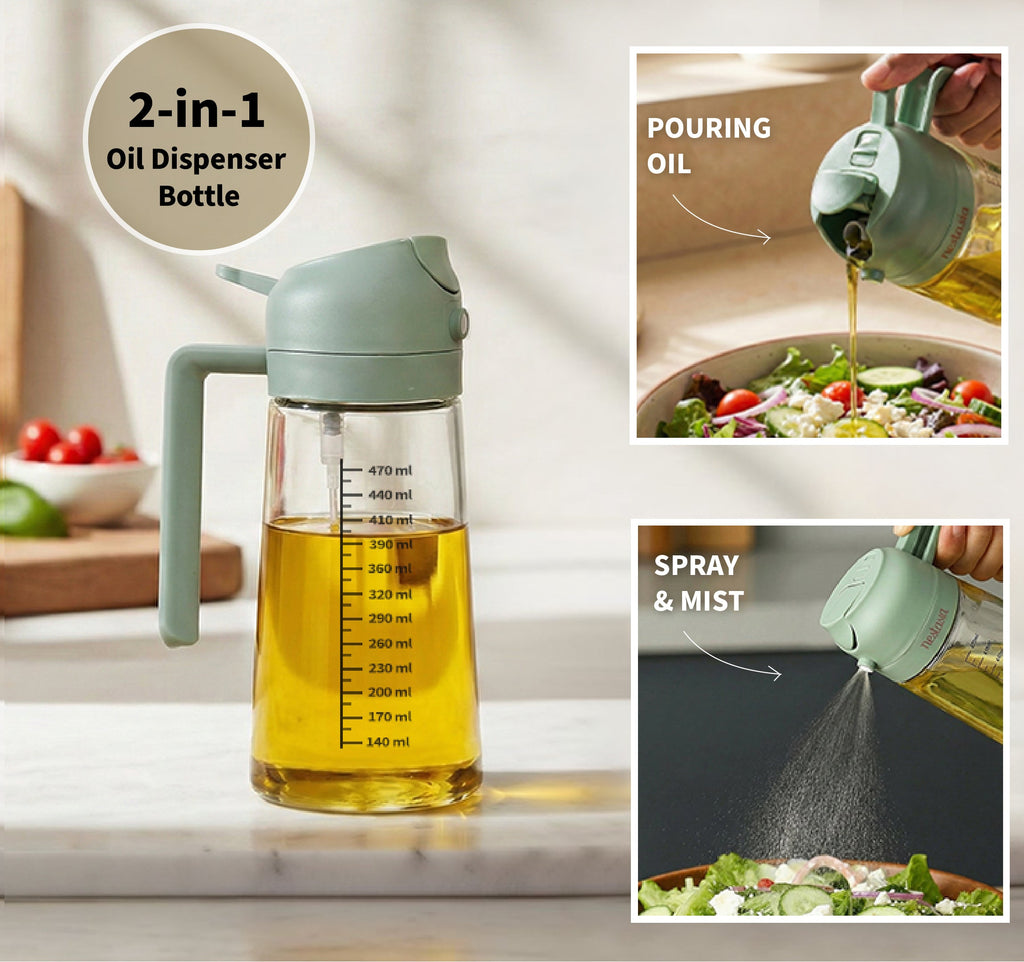 Spray And Pour Oil Dispenser Bottle Green 470ml With Spoon Nestasia