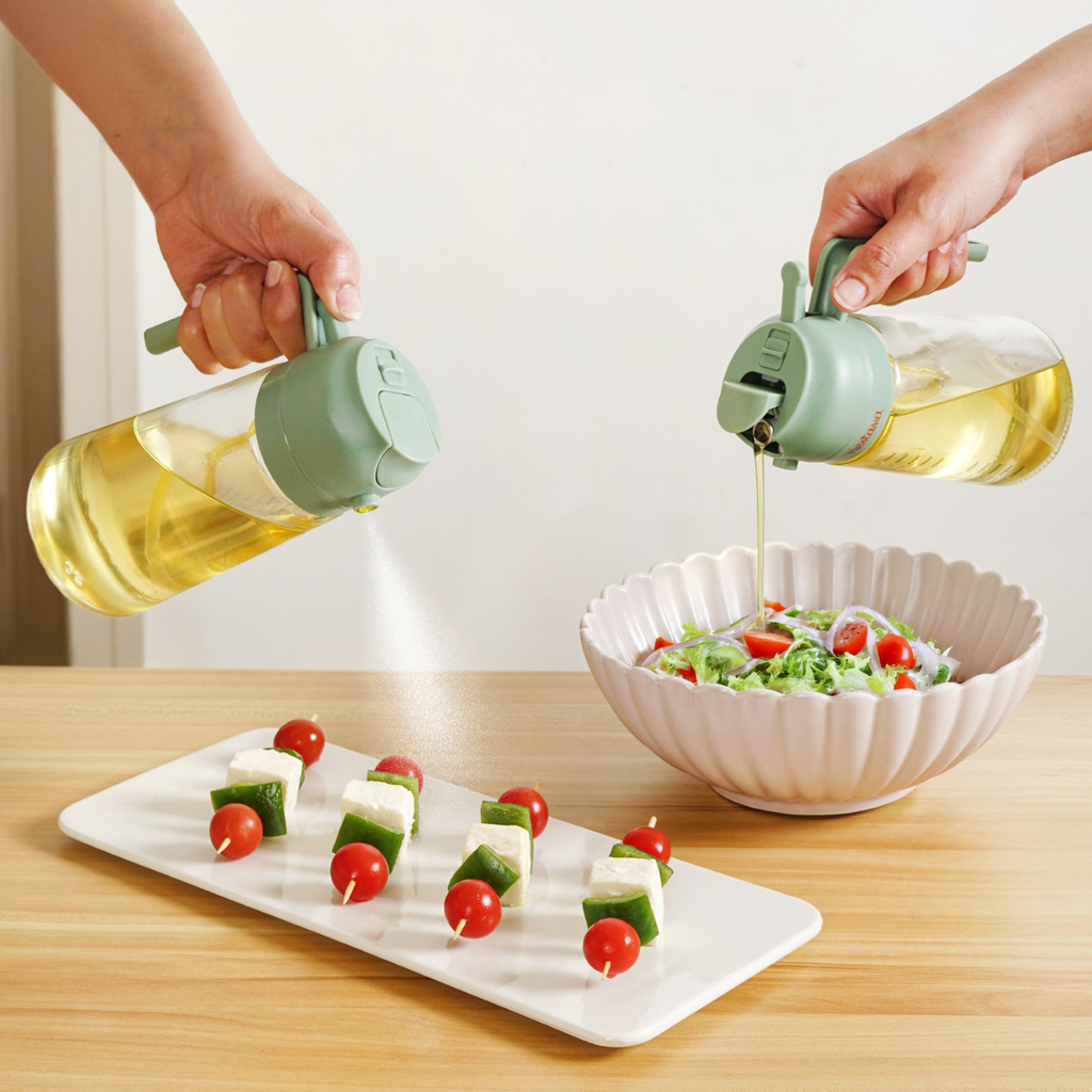 Spray And Pour Oil Dispenser Bottle Green 470ml With Spoon Nestasia