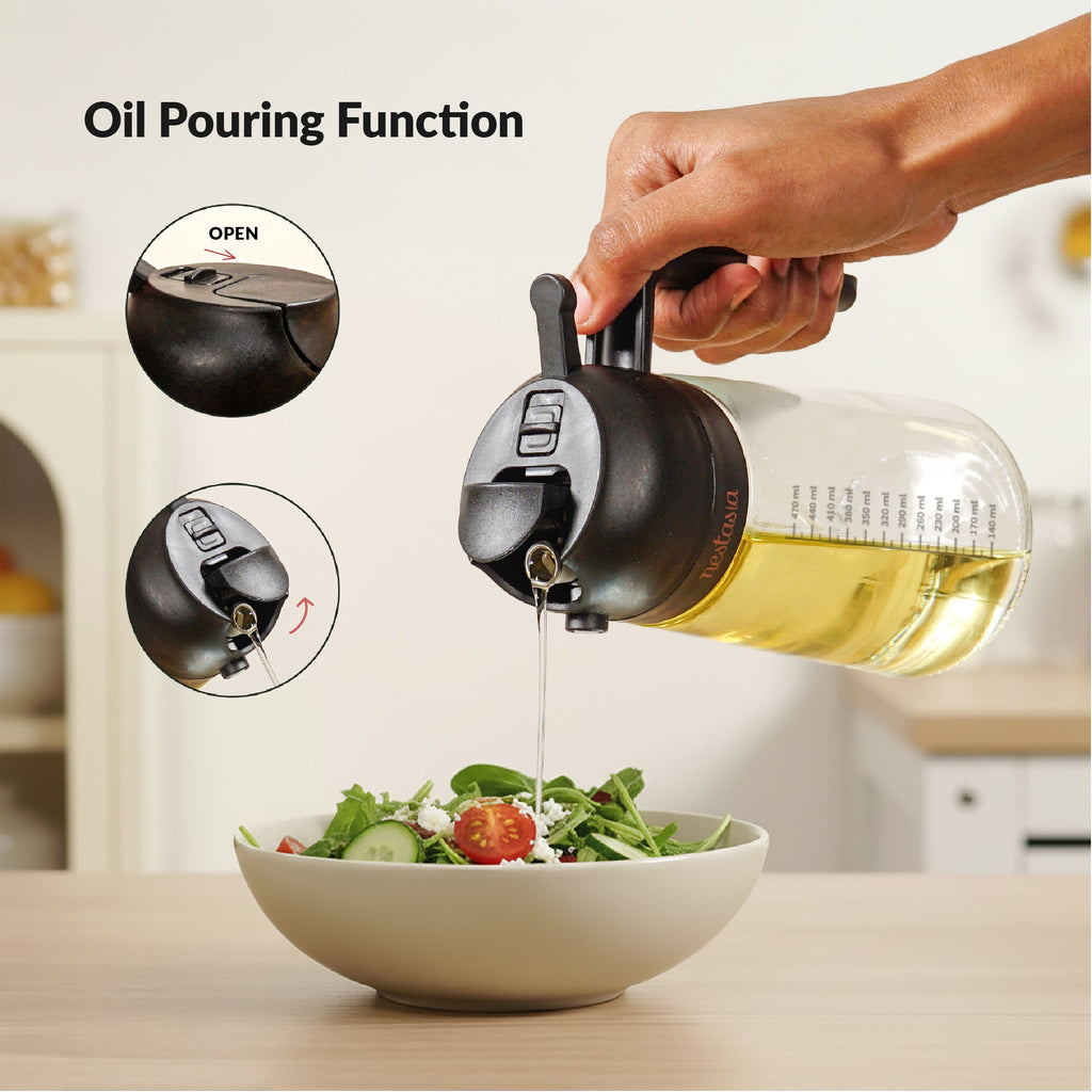 Spray And Pour Oil Dispenser Bottle Black 470ml With Spoon Nestasia