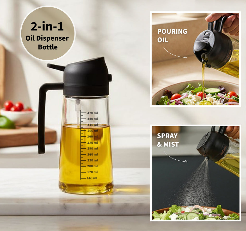 Spray And Pour Oil Dispenser Bottle Black 470ml With Spoon Nestasia