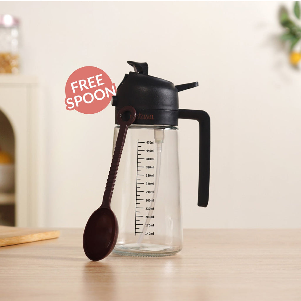 Spray And Pour Oil Dispenser Bottle Black 470ml With Spoon Nestasia