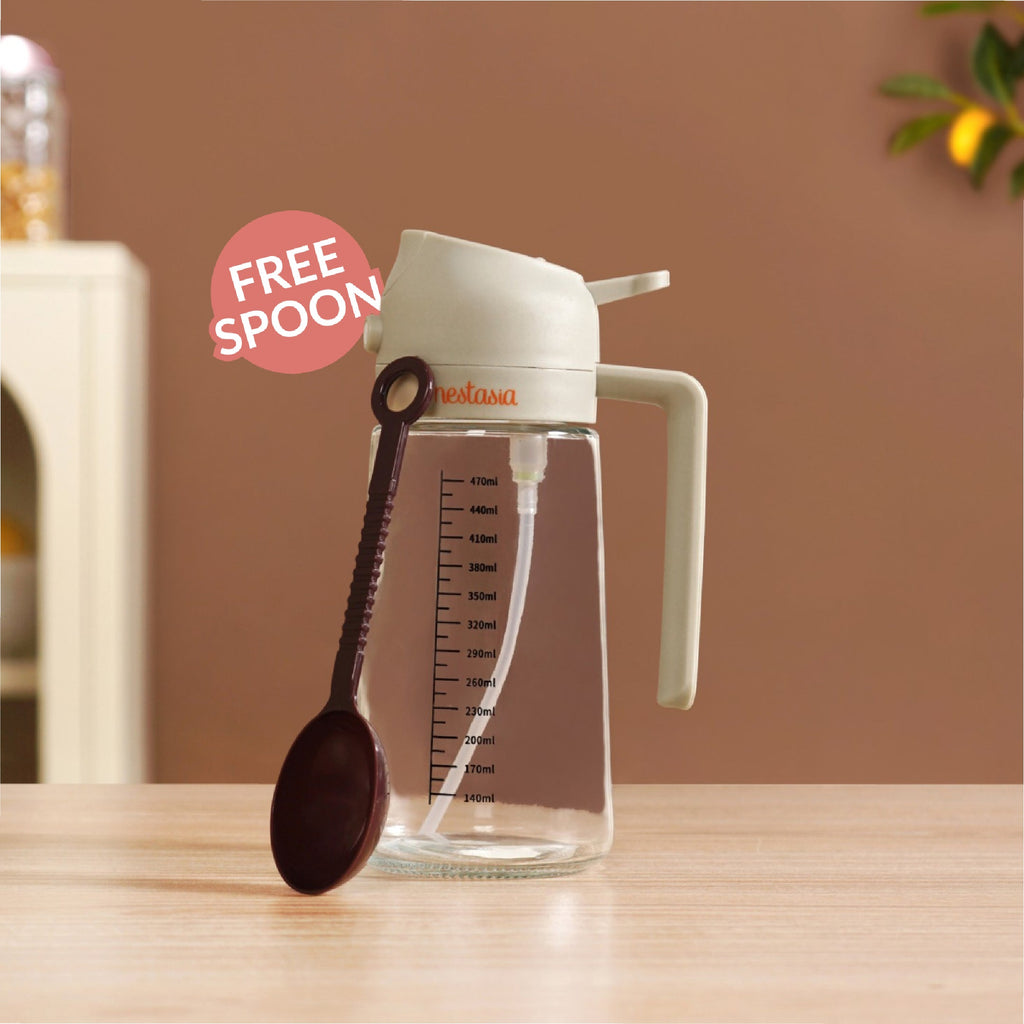 Spray And Pour Oil Dispenser Bottle Beige 470ml With Spoon Nestasia