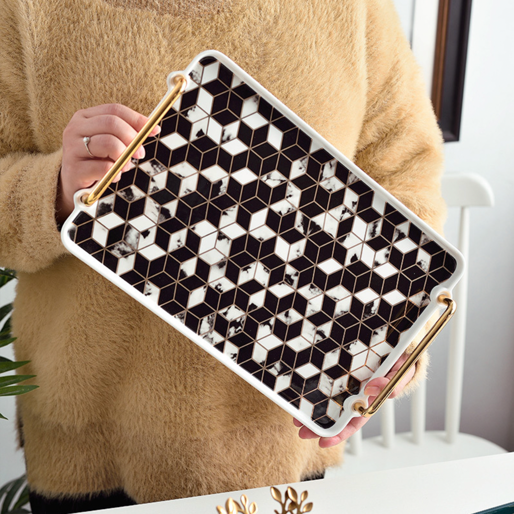 Marble Finish Tray With Handle Nestasia