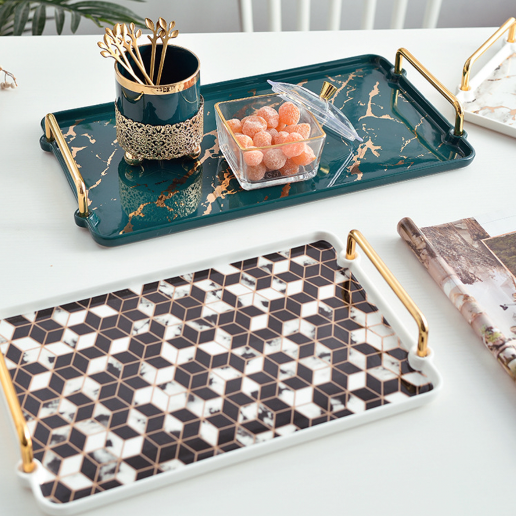 Marble Finish Tray With Handle Nestasia