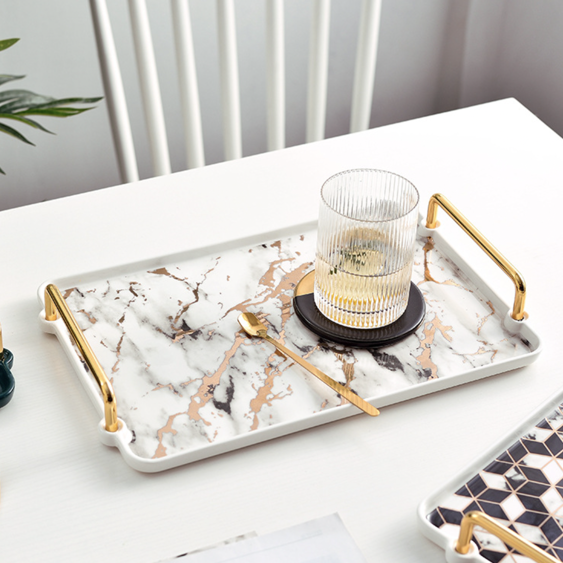 Marble Finish Tray With Handle Nestasia