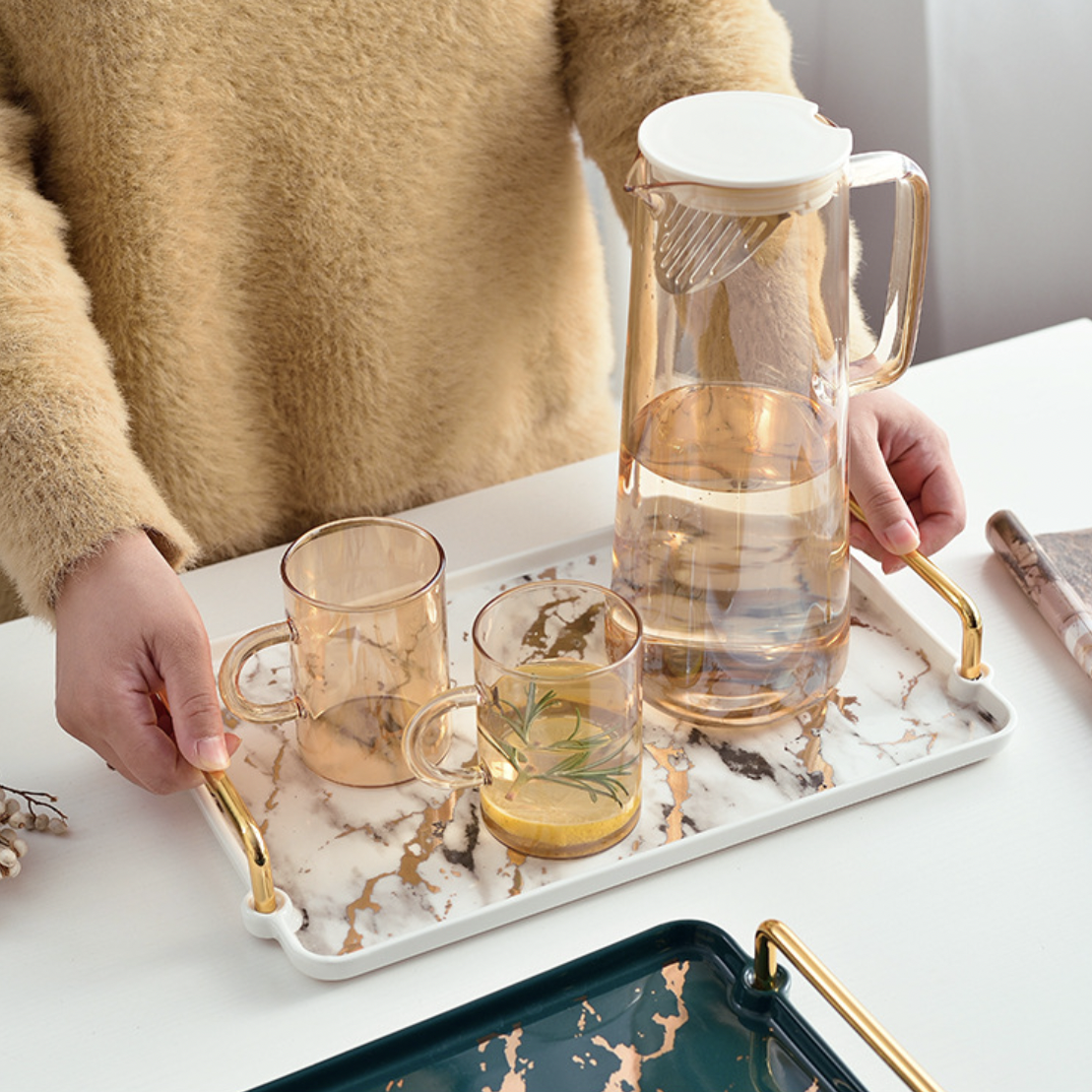 Marble Finish Tray With Handle Nestasia