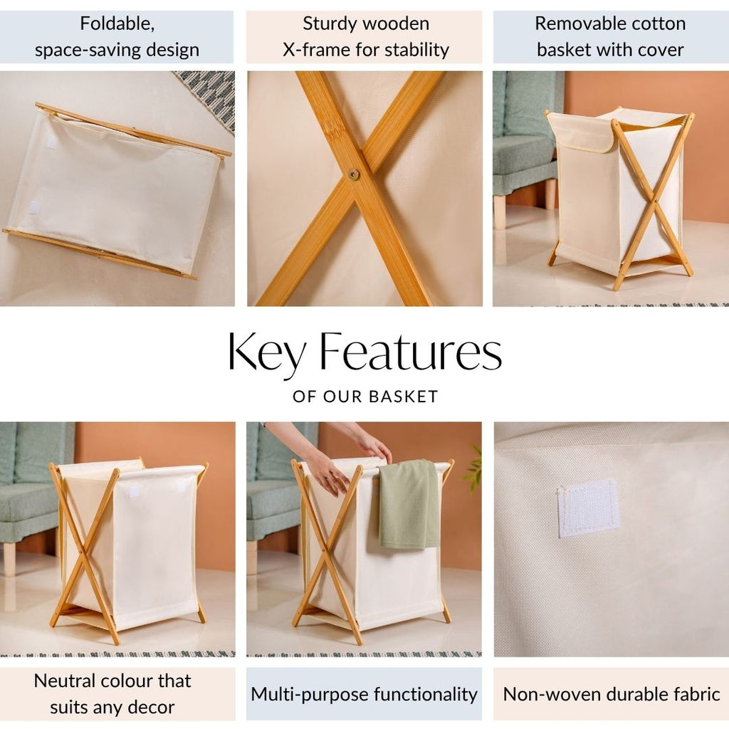 Foldable Bamboo Laundry Basket Off White Nestasia