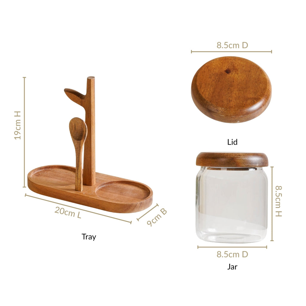 Acacia Wood Glass Jars And Spoon With Leaf Stand Nestasia