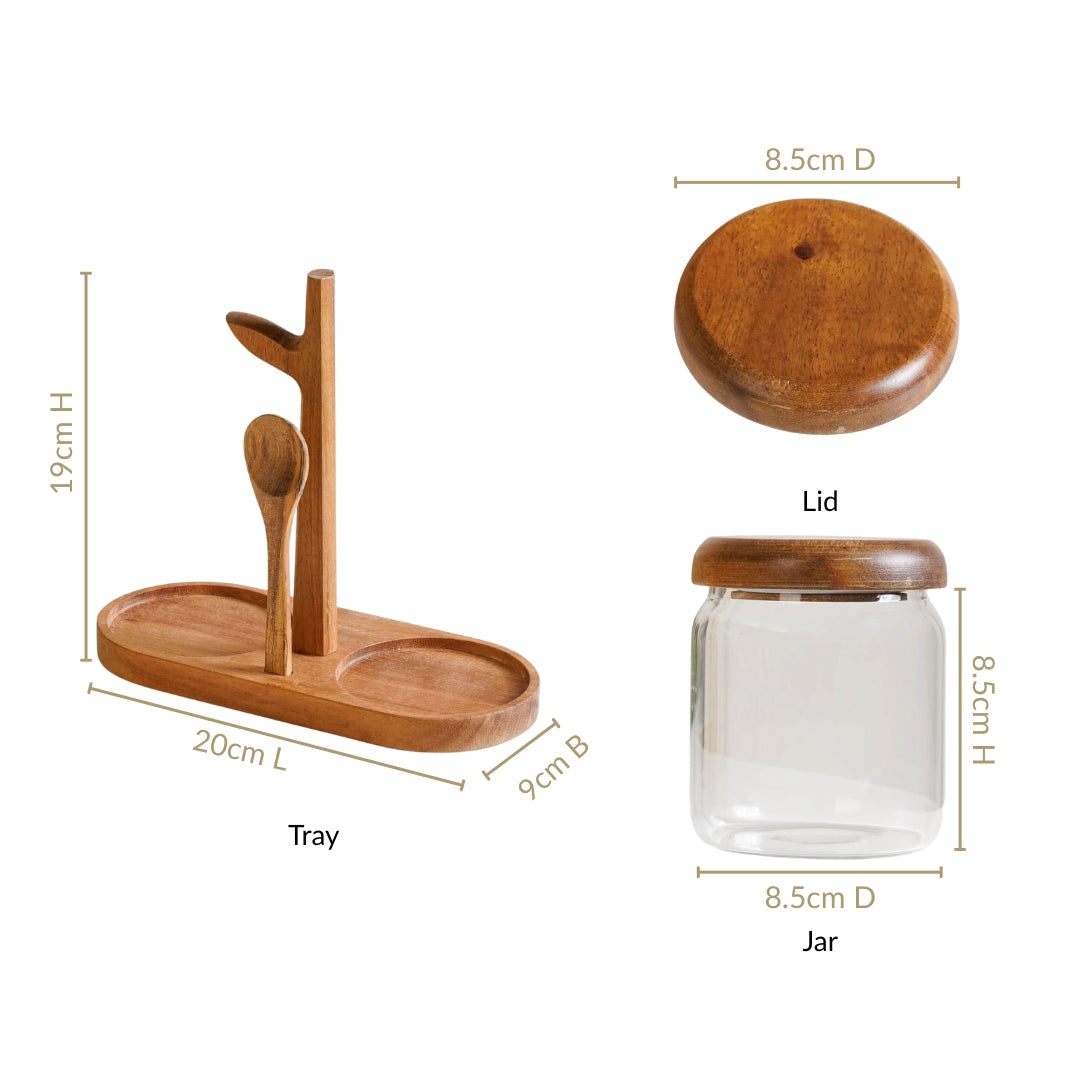 Acacia Wood Glass Jars And Spoon With Leaf Stand Nestasia