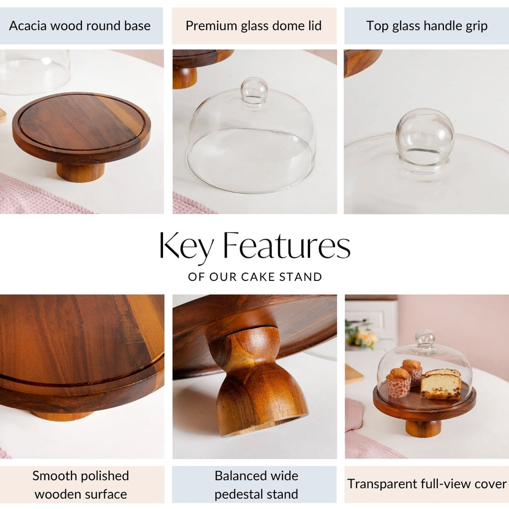Pedestal Acacia Wood Cake Stand With Cloche 22cm Nestasia